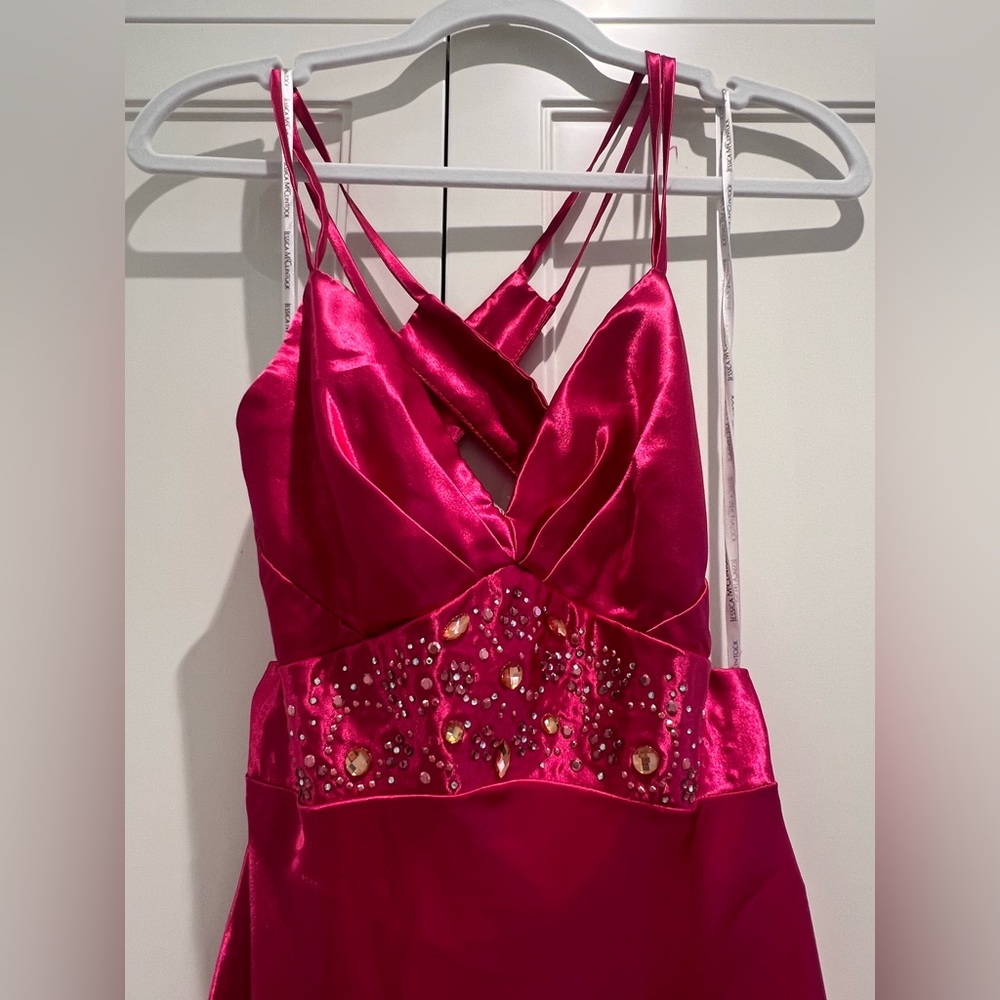 Hot Pink Satin Evening Gown with Beaded Waist - Picture 3 of 5